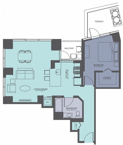 Floor plan for 1 bed, 1 bath, 892 sqft